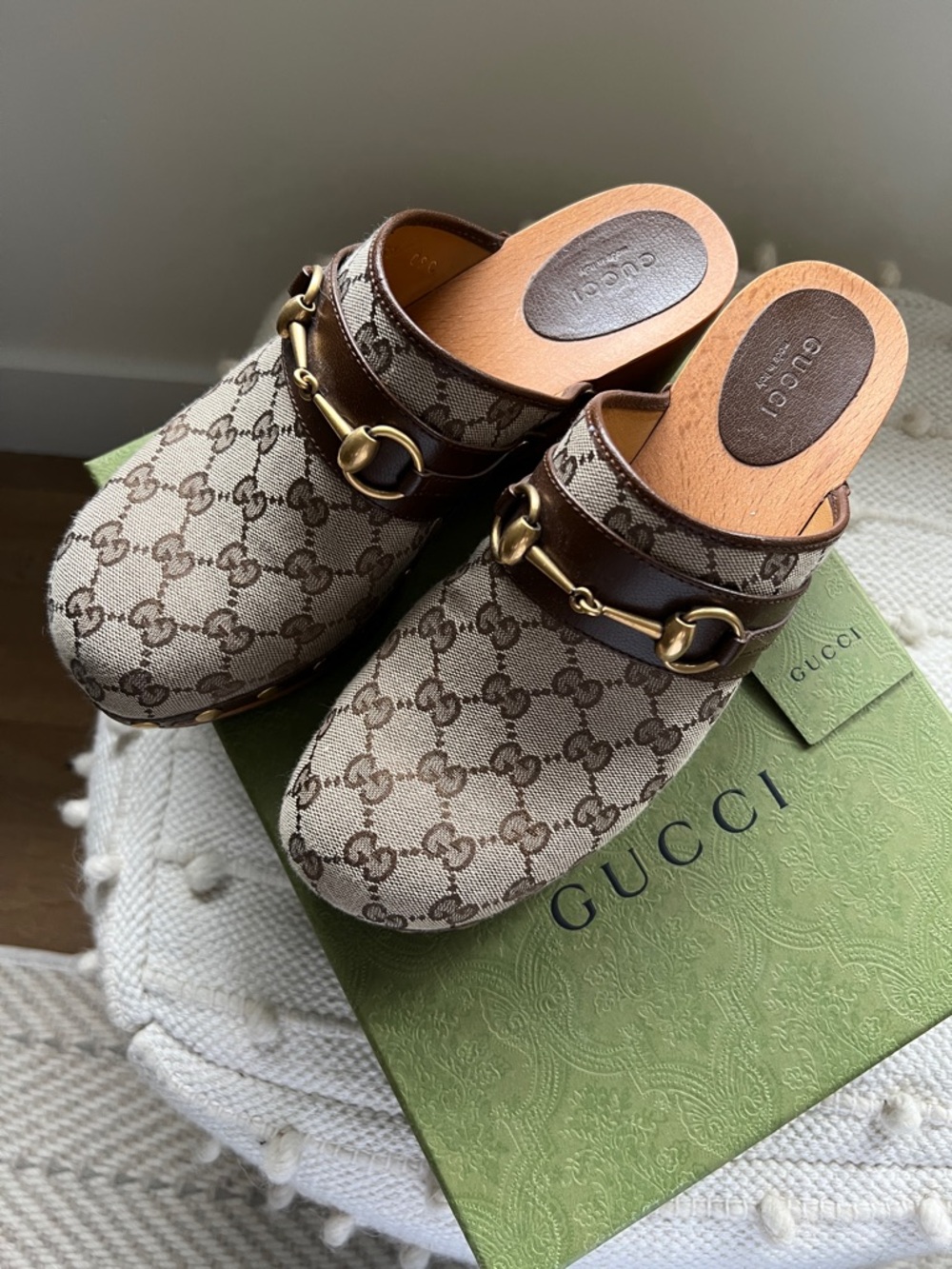 Gucci Beige and Brown Monogram Canvas Horsebit Clogs - Picture 7 of 7